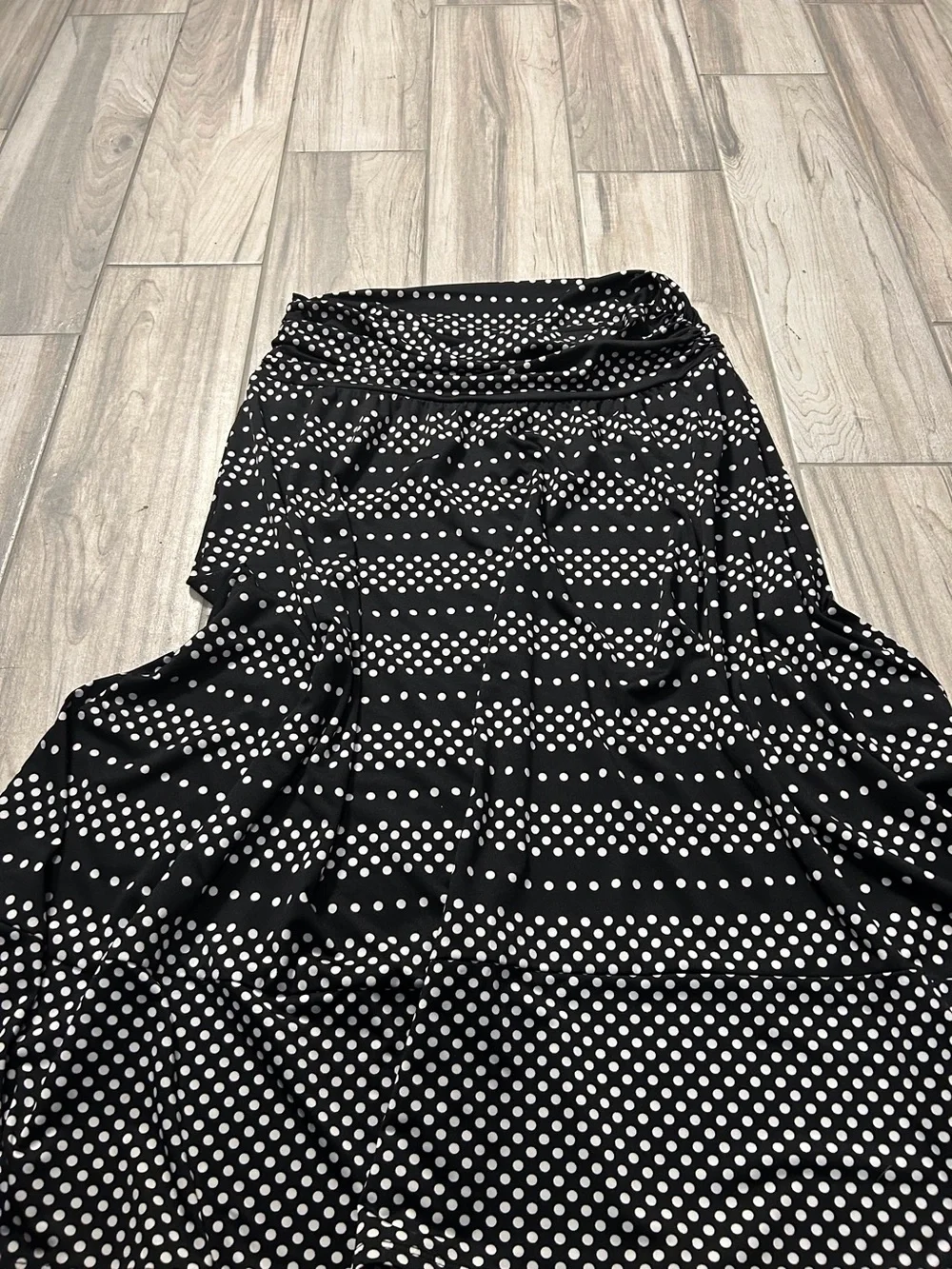 Black Flowy Skirt Patterned Polka Dot Print Elastic Ruched High Waist XL Gypsy